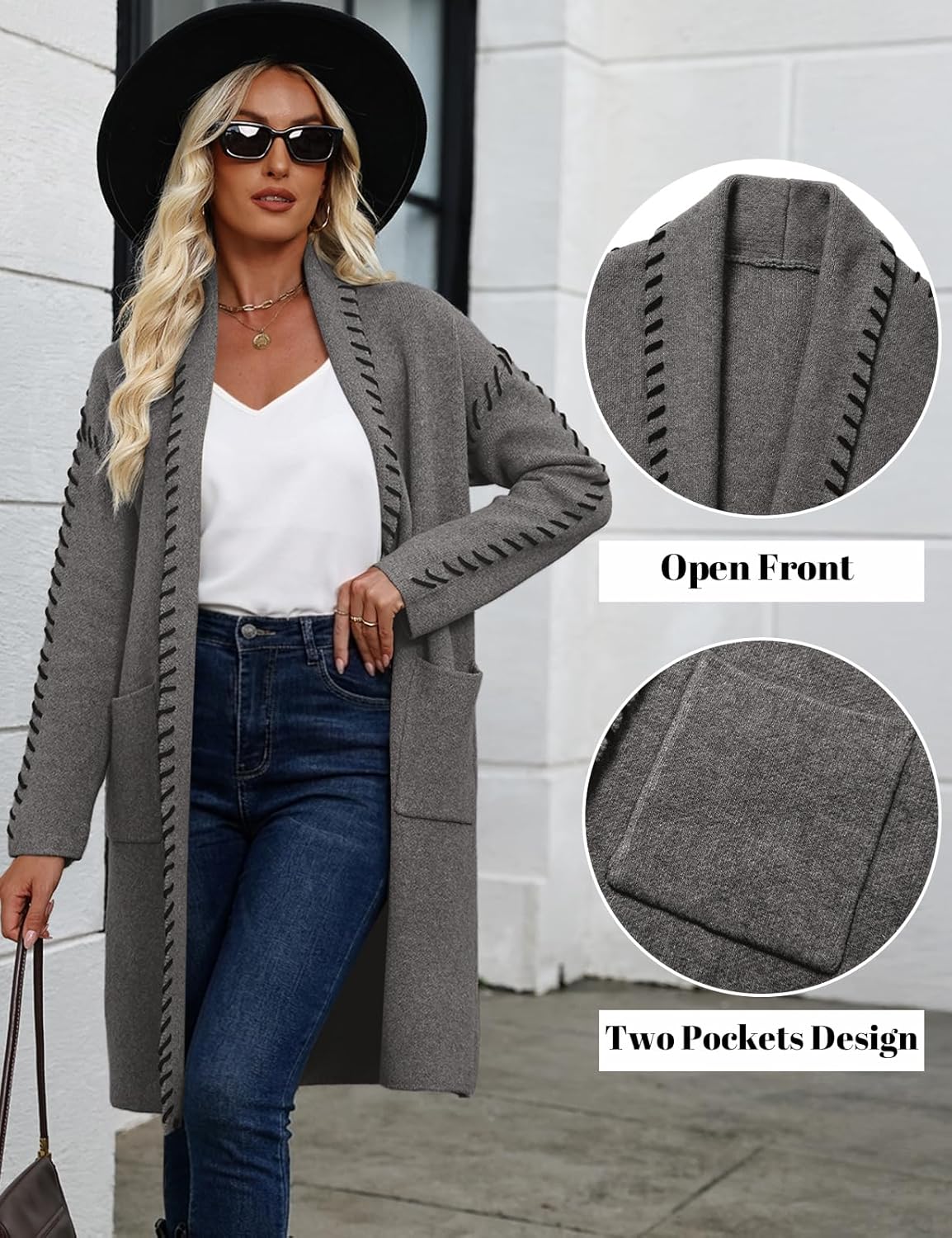 VIMPUNEC Womens Fall Long Cardigan Sweaters Oversized Chunky Jackets Open Front Knit Outwear Coats with Pockets - Image 3