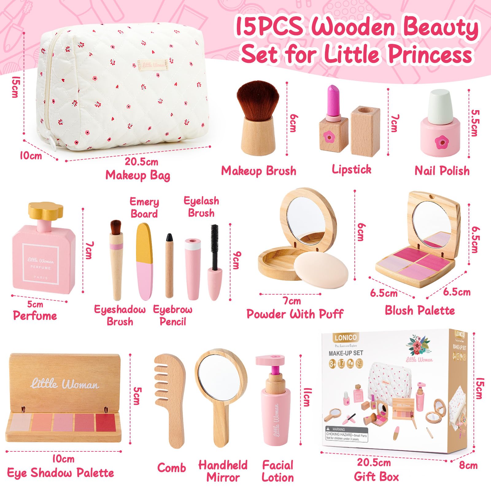 Atoylink Set Trucchi Bambina in Legno Finti Trucchi Set Trousse Trucchi Bambina con Rossetto Profumo Giocattoli Giochi Legno Regalo per Bambini Ragazza 3 4 5 6 7 Anni