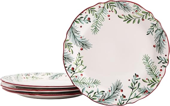 Bico Santa On The Way Wreath Scalloped Dinner Plates Set of 4, 11 Inch Large Ceramic Plates for Pasta, Steak, Stylish Serving Dishes, Microwave and Dishwasher Safe, Gift for Housewarming and Christmas