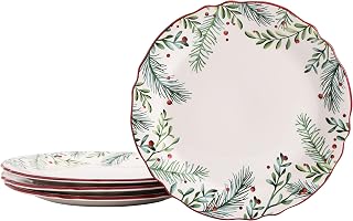 Bico Santa On The Way Wreath Scalloped Dinner Plates Set of 4, 11 Inch Large Ceramic Plates for Pasta, Steak, Stylish Serving Dishes, Microwave and Dishwasher Safe, Gift for Housewarming and Christmas