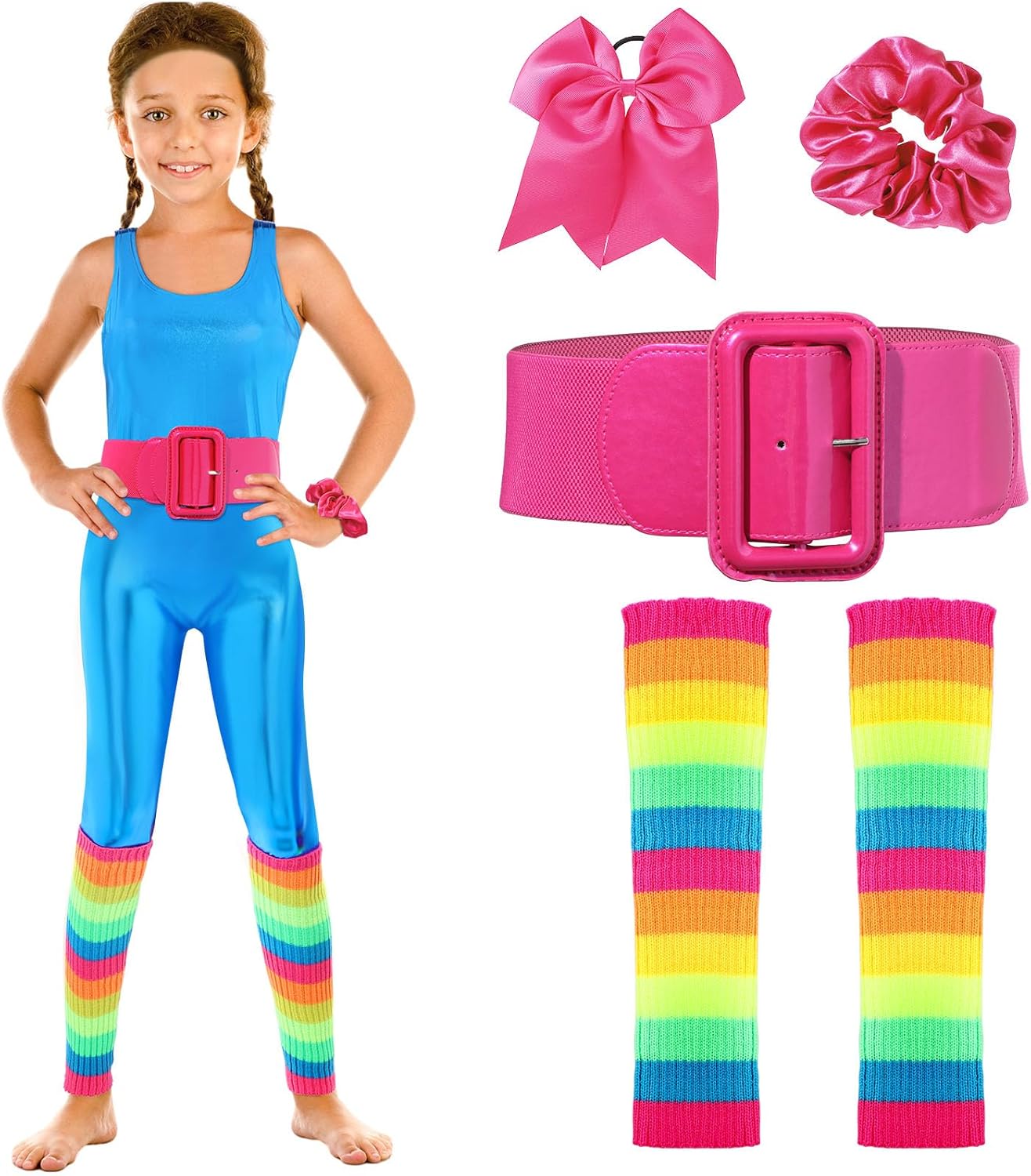 Cuffbow Girl Doll Costume Accessories Set Kids Unitard 80's Party Knit Leg Warmer, Patent Leather Belt, Bow Hair Tie