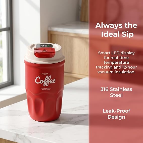 Coffee Vacuum Flask with Intelligent Temperature Display, 12oz 316 Stainless Steel Vacuum Insulated Travel Mug, Coffee Cup with Lid and Handle Hot & Cold for Office, Camping, Daily Use
