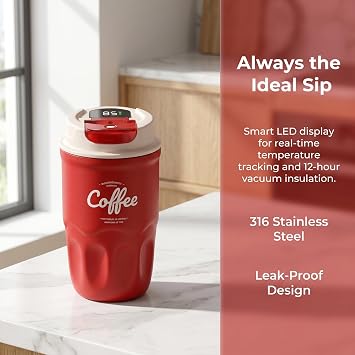 Coffee Vacuum Flask with Intelligent Temperature Display, 12oz 316 Stainless Steel Vacuum Insulated Travel Mug, Coffee Cup with Lid and Handle Hot & Cold for Office, Camping, Daily Use