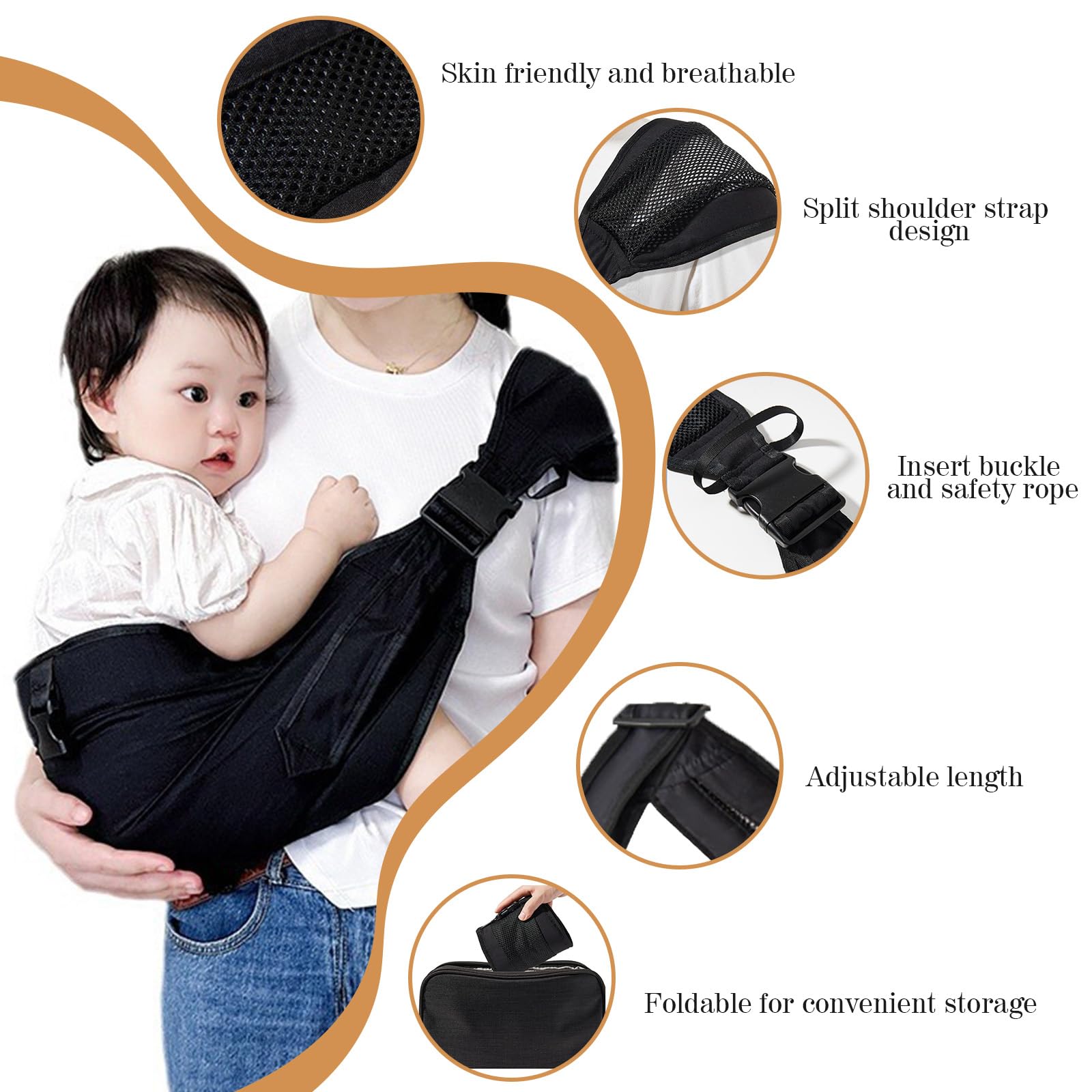 Porteo Bebe Recien Nacido Multifunción Portabebes Lateral Ajustable Portabebes Lateral Fular Portabebe Verano, Adecuado para Bebés y Niños Pequeños de 6 a 48 Meses (Negro)