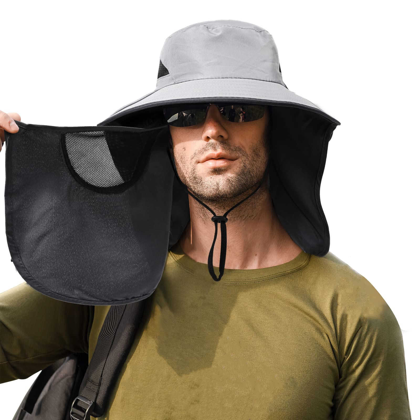 TAGVO Sombrero Pescador Hombre con Máscara Facial de Malla Desmontable Sombreros para el Sol Transpirable ala Ancha con Protección UV Gorros de Pescador Plegable para Senderismo Cámping Jardinería