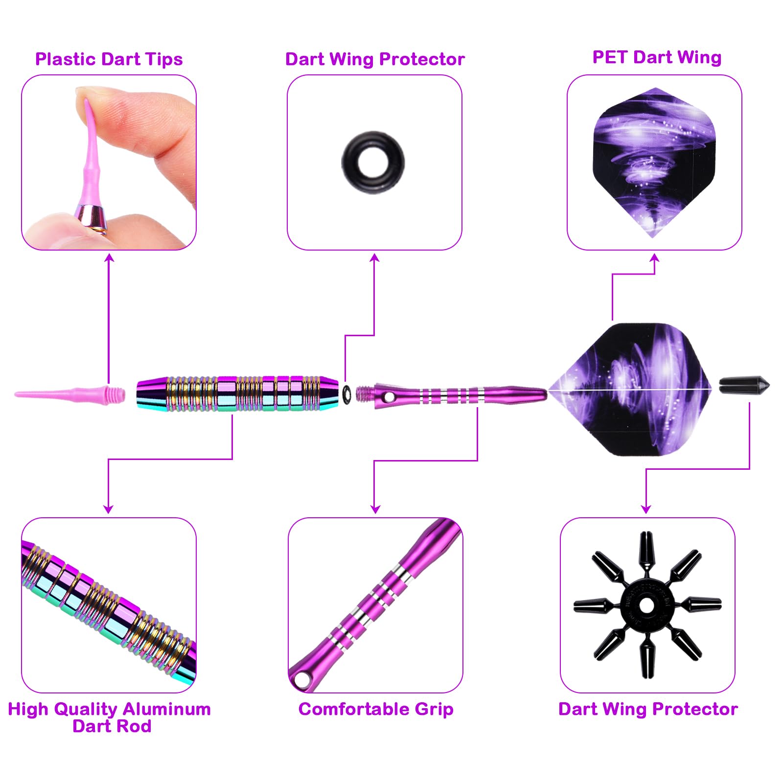 POFIBO Dardos con Punta de Plástico para Diana Electronica, Set de 3 Dardos Profesionales, 21g Dardos Blandos con 30 Puntas de Dardo de Plástico y Anillos de Goma