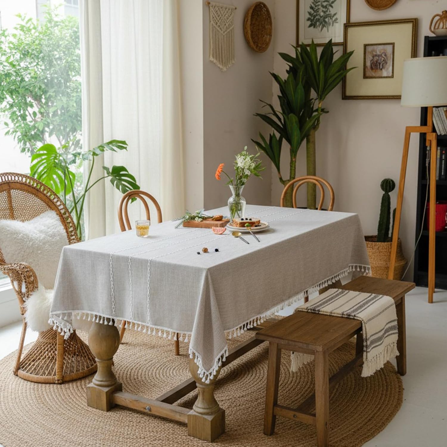 Linen Rectangle Table Cloth Neutral Textured Rustic Tablecloth, Wrinkle Free Washable Burlap Table Cover with Tassels for Kitchen Dining Holiday Parties（55 x 102 inch, 8-10 Seats）