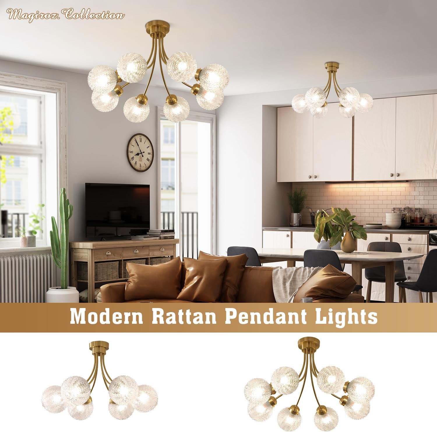 Mid Century Modern Brass Semi Flush Mount Ceiling Light 6-Light Gold Sputnik Ceiling Light Fixture Vintage Clear Glass Globe Hallway Light Close to Ceiling Chandelier for Dining Room MCL27-6