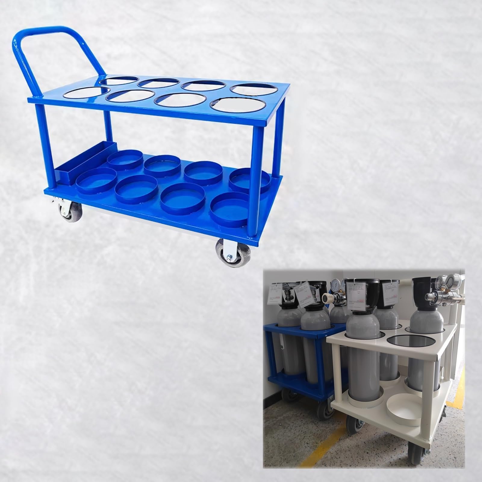 GLJTUO Oxygen Cylinder Rack 4-Wheel Oxygen Tank Cart Holder, 6.3" Diameter Oxygen Cylinder Trolley, Oxygen Cylinder Stand for 4/ 5L Tank, for Storage & Transportation,Blue-8 slots