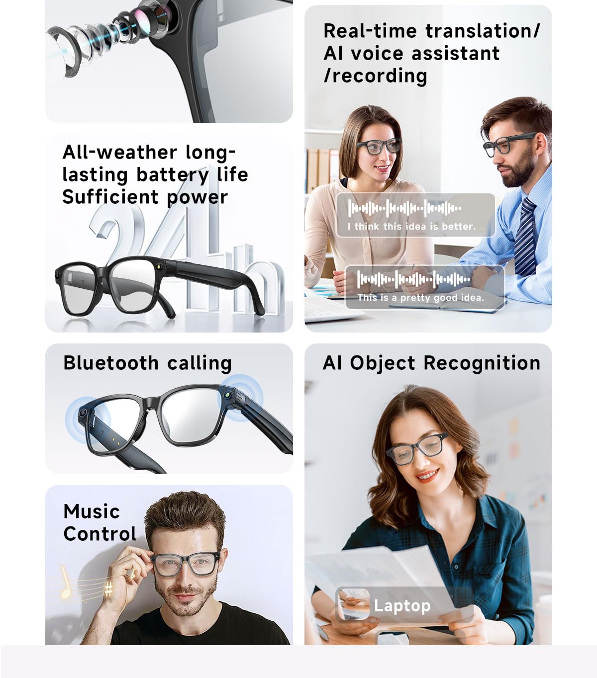 Lunettes Intelligentes AI avec Caméra 8MP, Lunette Camera Bluetooth Homme, Traduction IA Temps Réel, Audio Open-Ear, Lentilles Automatiques, Protection UV, Vidéo HD 1200P