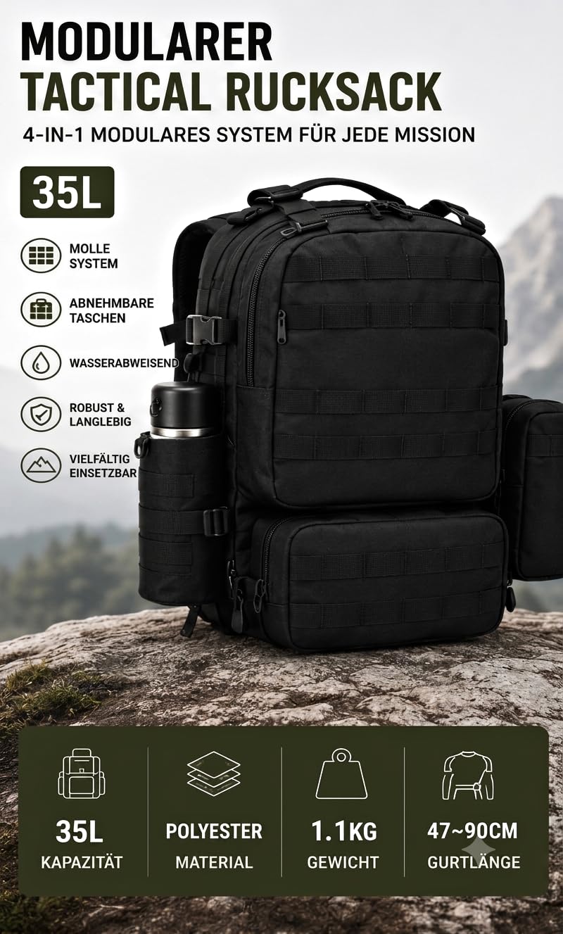 AUMTISC Sac à dos tactique militaire, 35 l, avec 3 poches Molle, protection contre la pluie et porte-bouteille d'eau