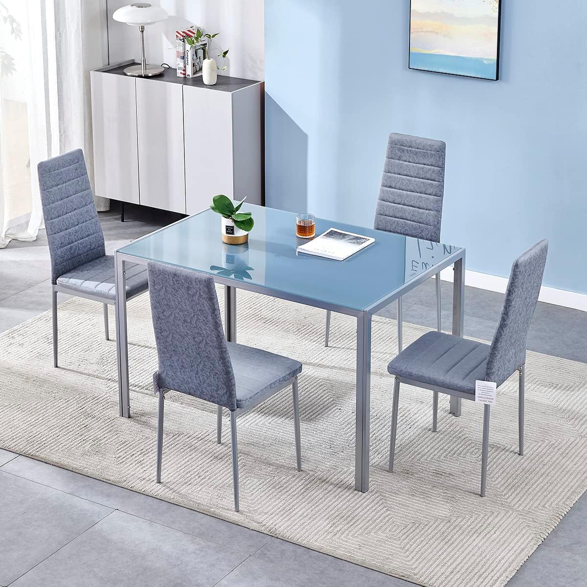Panana 5PCS Modern Glass Dinning Table with 4 Faux Matte Suede Leather