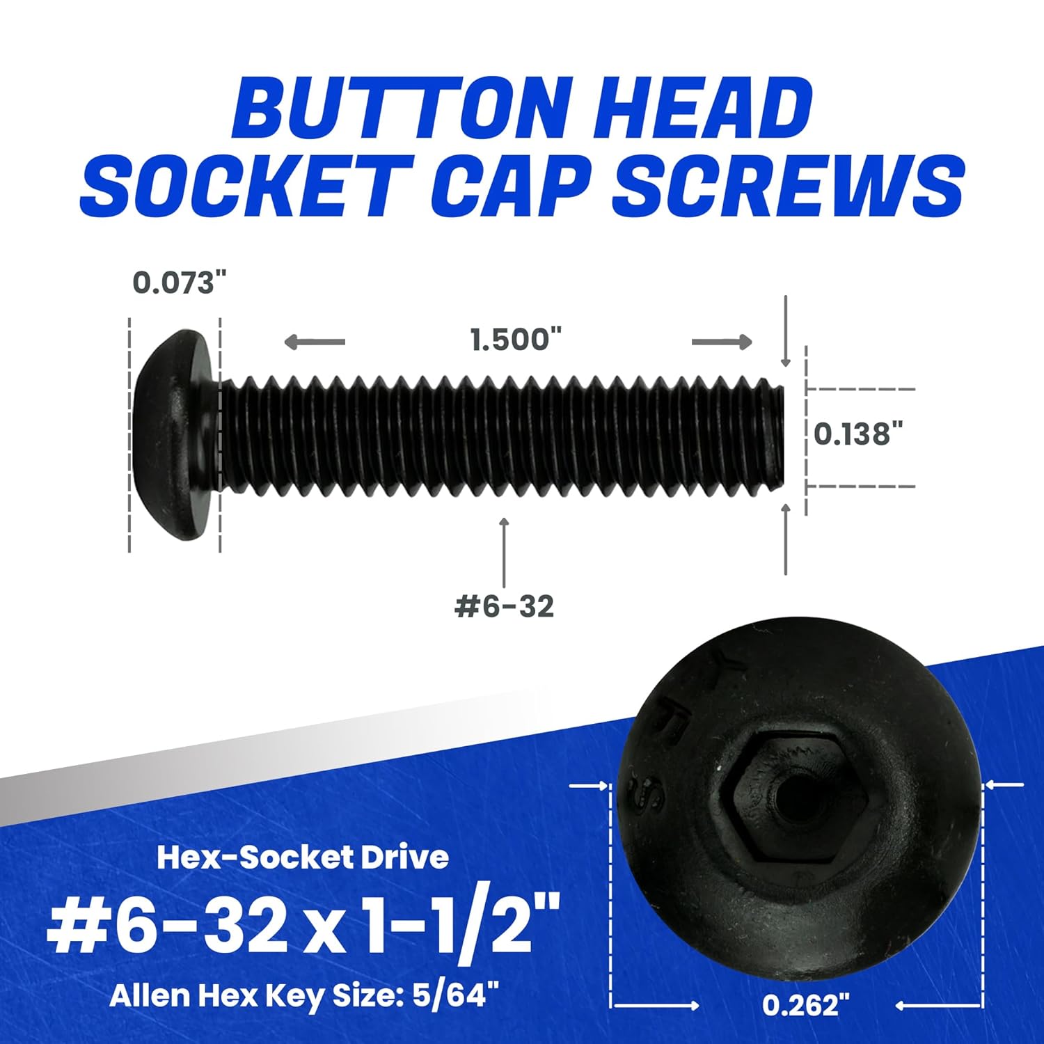 Fastenere Button Head Socket Cap Screws - 6-32 x 1-1/2" (100-Pcs) Alloy Steel, Fully Threaded, Fine Black Oxide Finish, Corrosion-Resistant, Machine Thread, Easy to Install w/Allen Hex Drive