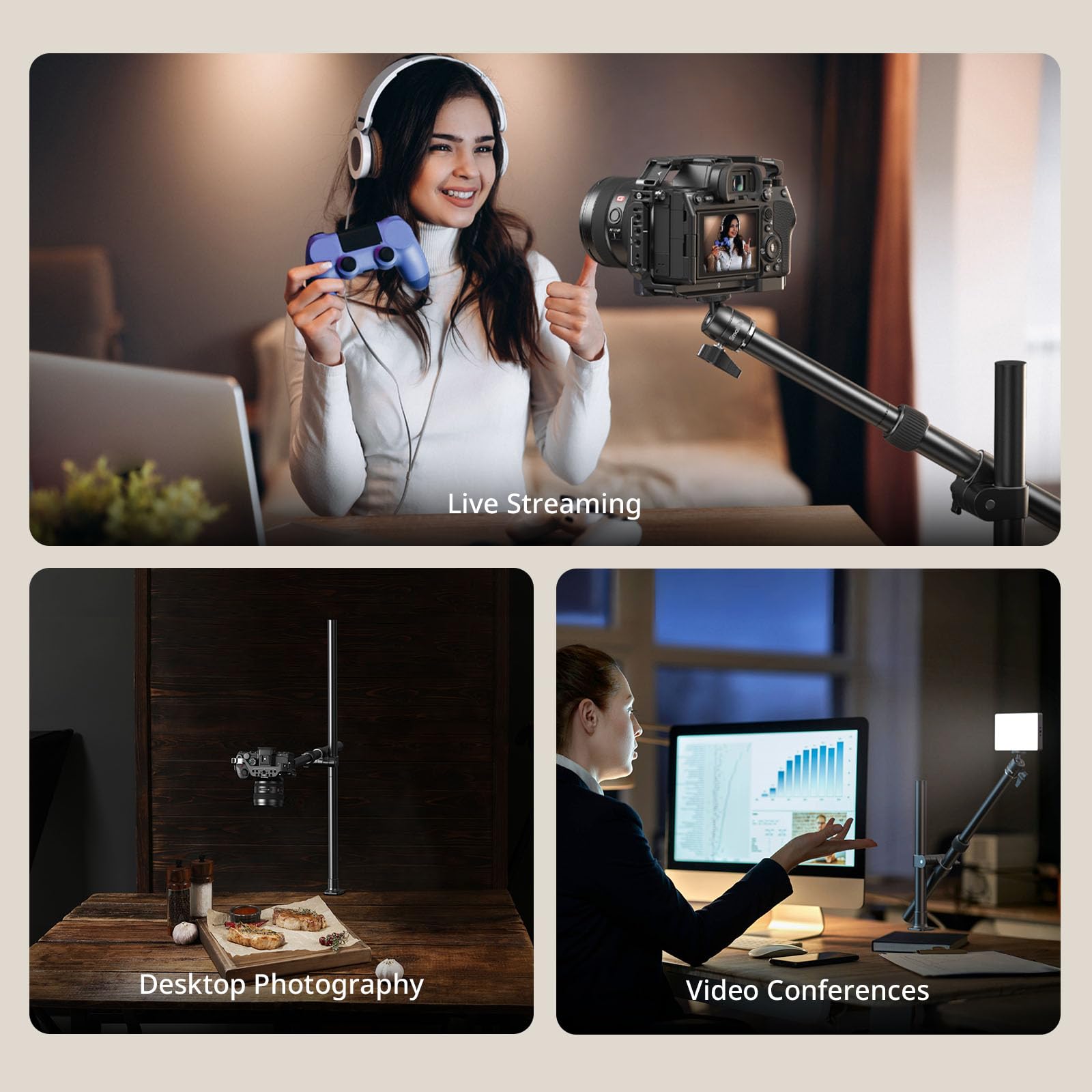 SMALLRIG Zestaw podpórek biurkowych, uchwyt na ramię do kamery z głowicą kulową 360°, stojak do mocowania kamery, telefonów komórkowych, oświetlenia, mikrofonów - 4938