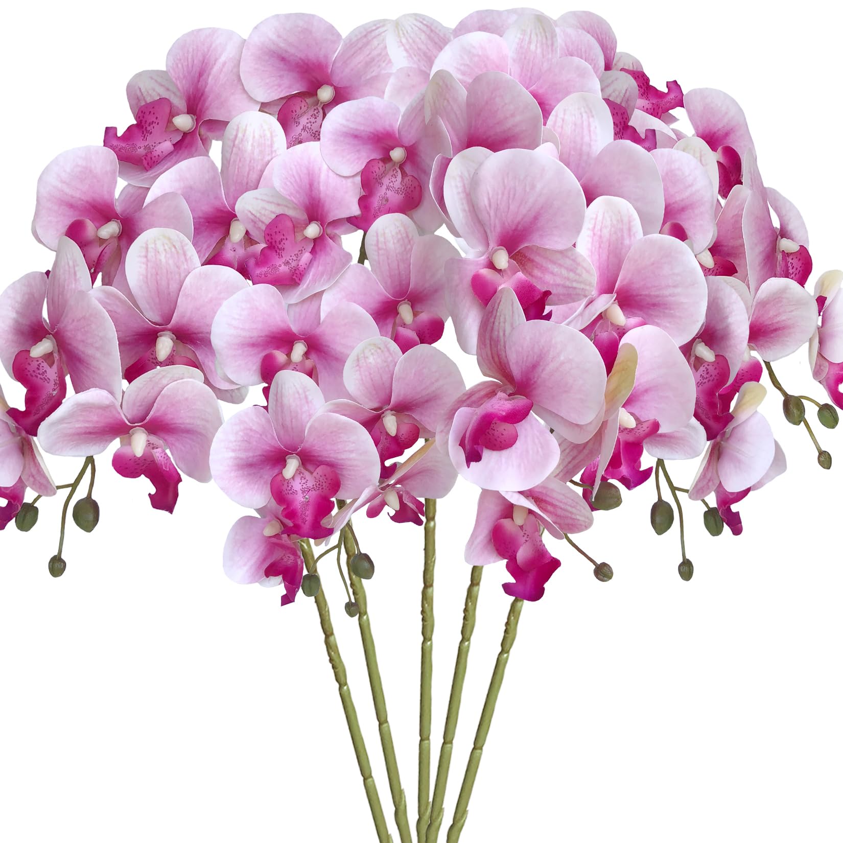 HinyoCo 5 Pcs Artificial Orchid Flowers,Artificial Phalaenopsis Flowers 32 Inch Stem Plants for Home Wedding Decoration (White Flower Purple Core)