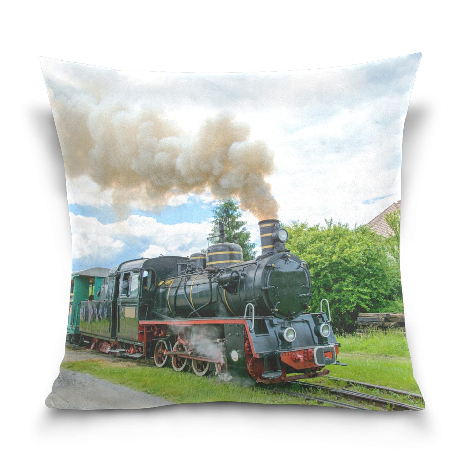 Poeticcity Steam Train with Smoke Green Grass Trees Country View Cotton Velvet Throw Pillow, Soft Breathable Bed Pillows, Pillowcase Sham Cushion Covers Twin Sides for Car Couch Bed 16x16 inches