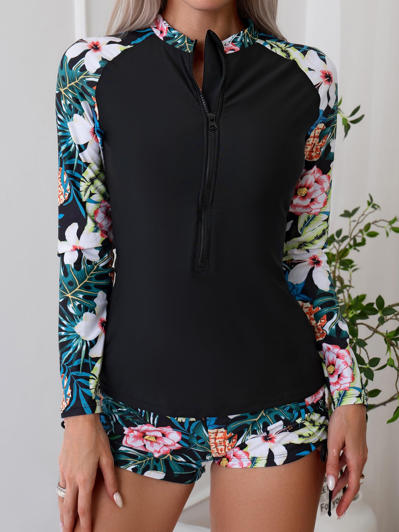 Owntop Maillot de bain 2 pièces à manches longues pour femme, maillot de bain anti-UV UPF 50+, gilet rashguard à fermeture éclair, maillot de bain floral avec bas taille haute, pour la natation et le