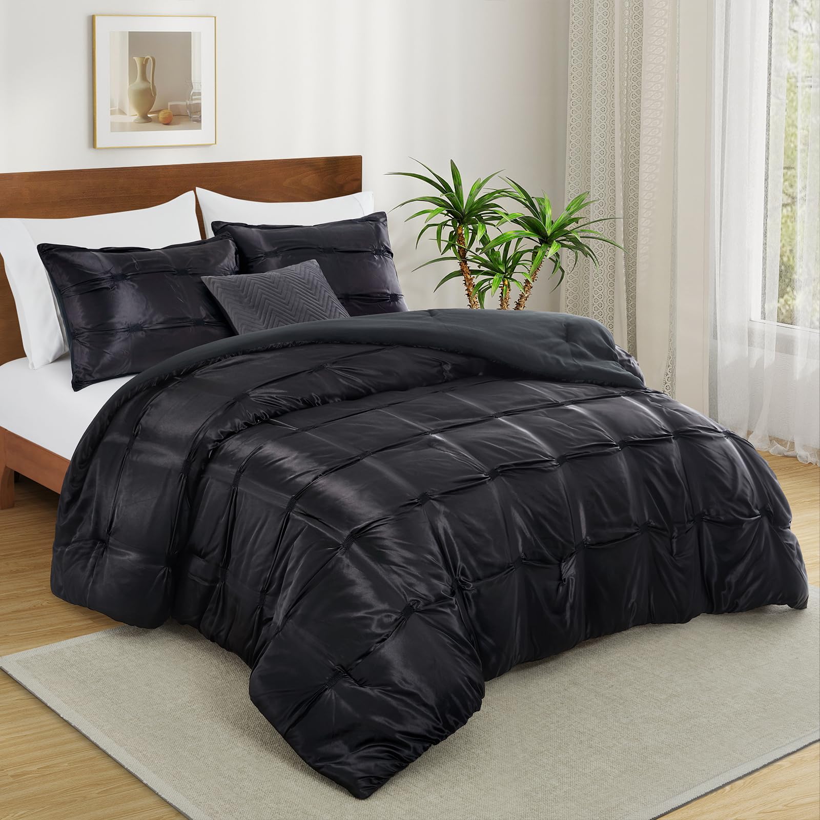 Lanest Housing Twin Size Satin Comforter Set Black, 2 Pieces Soft and Lightweight Silk Bedding, All Season Fluffy Down Alternative Comforter Bed Set