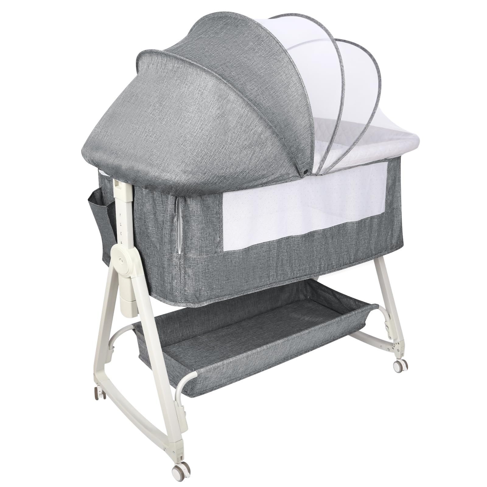 HUOLE Cuna Bebé y Moisés 2 en 1, 0-36 Meses (0-30 kg), Cuna Colecho Bebé Reclinable, 6 Alturas, Colchón Grande, Laterales de Malla, Lateral Deslizable de Fácil Plegado-92 * 52 * 106-118cm-lino Gris