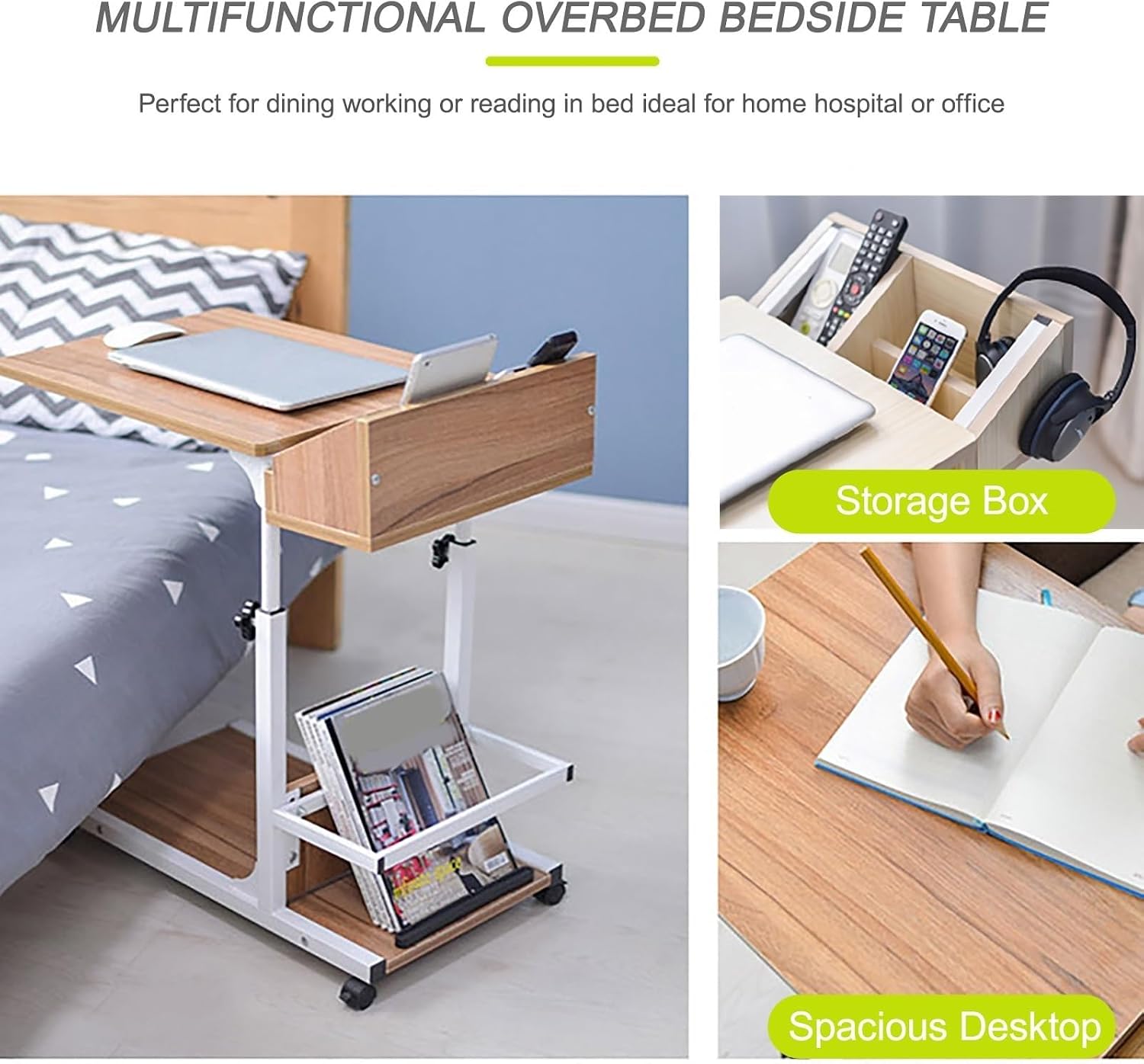 Height Adjustable Overbed Table with Wheels Mobile Computer Desk Makeup Vanity Desk with Storage, Mobile Laptop Standing Desk Cart(B)