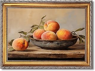 Vintage Peach Wall Art Antique Peaches in Rustic Bowl Oil Painging Poster Retro Fruit Decor Still Life Theme Picture Artwork for Cottage Kitchen Dining Room 36x24inch Gold Framed
