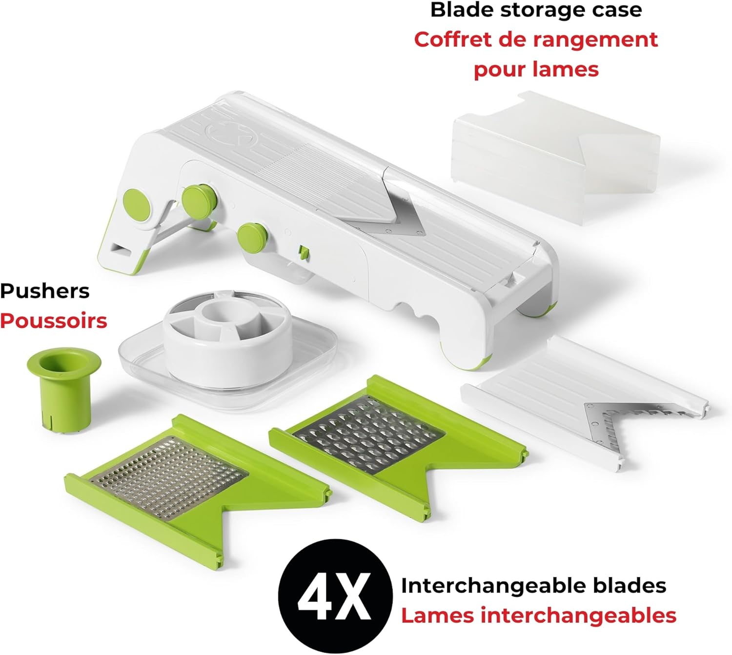 Starfrit Cubing Pro Mandoline Slicer, Dicer - 4 Blades & Graters with Storage Box - Straight & Crinkle V-Blades, Fine & Coarse Graters - 10 Thickness Settings, 3 Julienne Sizes - Self-Feeding Pusher