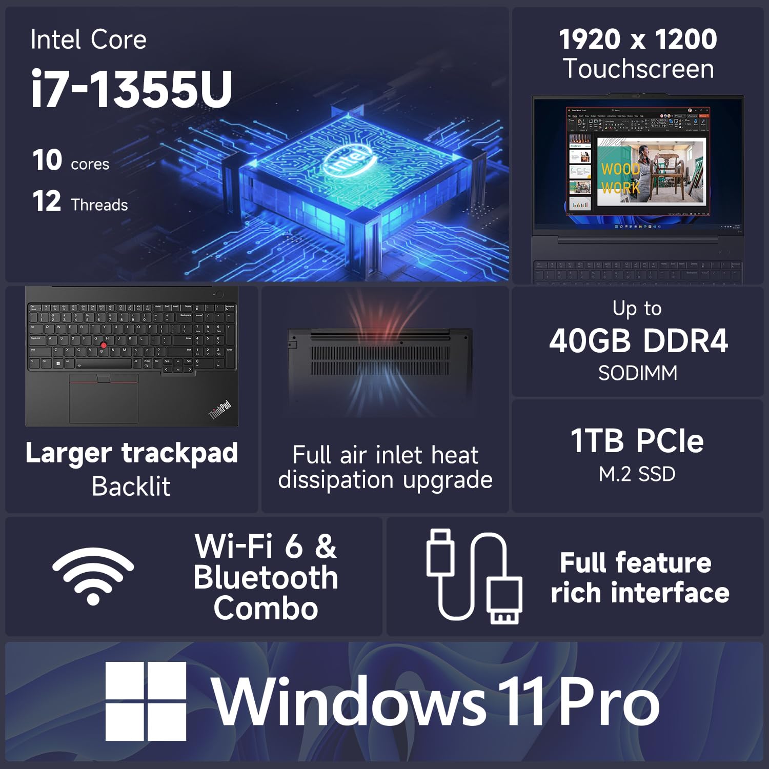 Lenovo ThinkPad E16 Business Laptop, 16" FHD+ Touchscreen, Intel Core i7-1355U, 40GB RAM, 1TB SSD, Fingerprint, Backlit, HDMI, Wi-Fi 6, Windows 11 Pro, Bundle with Targus USB-C 100W Docking Station
