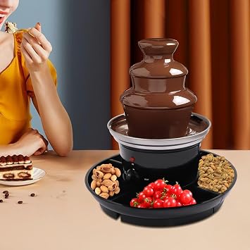 3-Tier Mini Chocolate Fountain Machine 10 Bamboo Skewers Removable Serving Tray 16-Ounce Chocolate Fondue Fountain for Party Birthday Wedding Chocolate Nacho Cheese BBQ Sauce Liqueurs (Black)