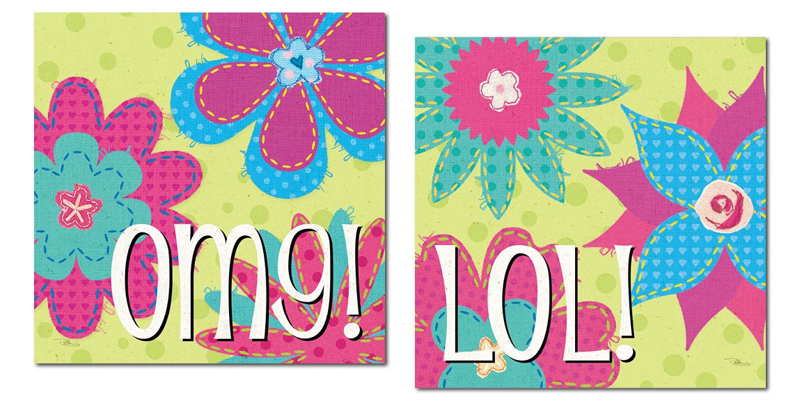 Gango Home Decor Fun, Retro Pink, Teal and Green OMG and LOL Text by Pel Studios; Two 12x12in Paper Posters
