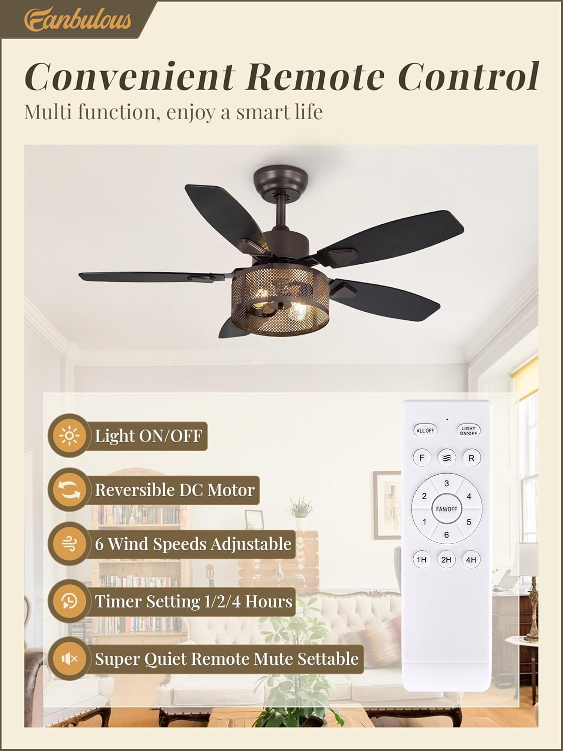 Fanbulous Farmhouse Oil Bronze Ceiling Fans with Lights and Remote, 42 Inch Bedroom Caged Ceiling Fans for Living Room Kitchen，6 Speed Reversible Quiet DC Motor, Dual Finish 5 Blades