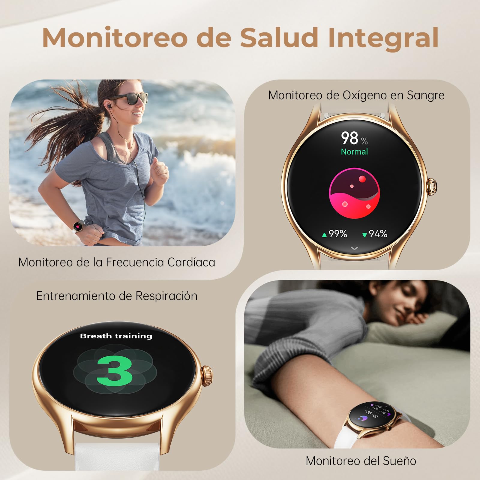 Reloj Inteligente Mujer con Pantalla AMOLED 1,43" Smartwatch Deportivo Impermeable IP68, Monitor Sueño/SpO2/Ciclo Menstrual, 120+ Modos Deporte Diseño Ultra Delgado Elegante (Oro Rosa/Blanco)