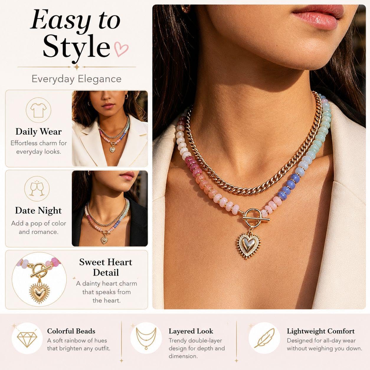 Chunky Beaded Necklace for Women Heart Pendant Colorful Beaded Gold Tone Heart Charm Gold Chain Choker Y2K Dopamine Jewelry Statement Adjustable Chain Cute Trendy Summer Beach Ocean Jewelry Gift