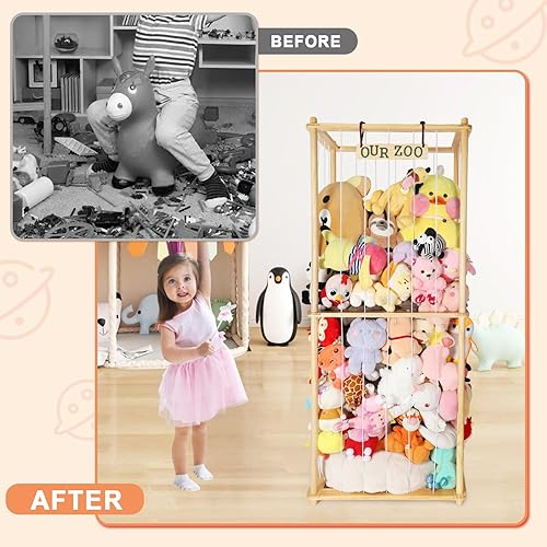 Miniatura 5 de Estante organizador grande de peluche de 63 pulgadas para niños, estante organizador de almacenamiento de felpa de madera con cordón elástico para