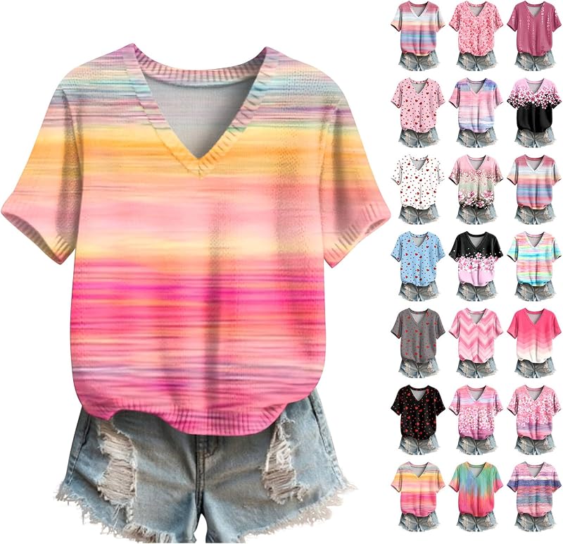 Pink Summer Sweater for Women Short Sleeve V Neck Casual Knitted Tops
