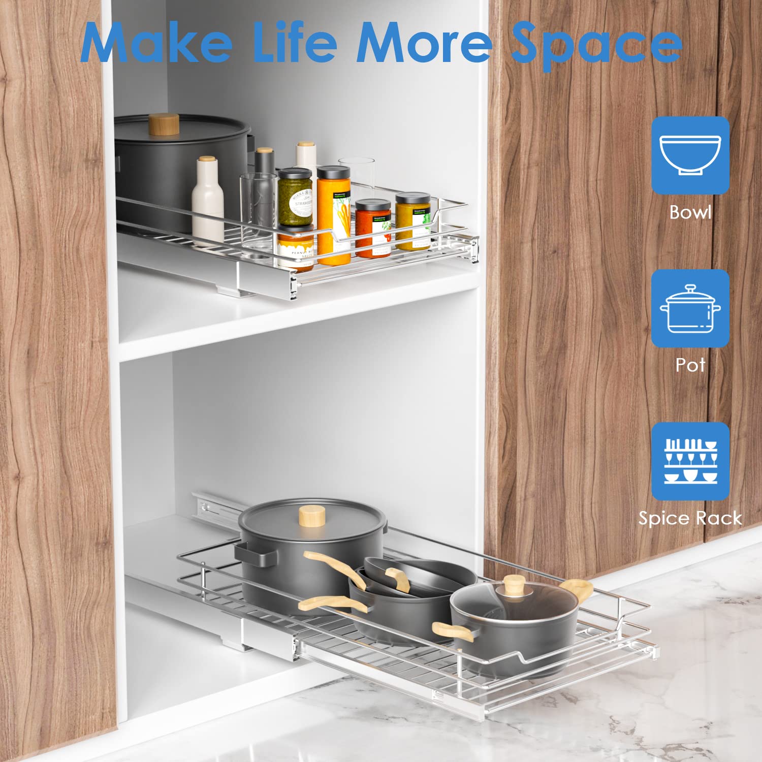 G-TING Pull Out Cabinet Organizer, Heavy Duty Slide Out Pantry Shelves Sliding Drawer Storage for Home, Kitchen, Bathroom, 10.9" W x 20.98" D, Request at Least 12 inch Cabinet Opening