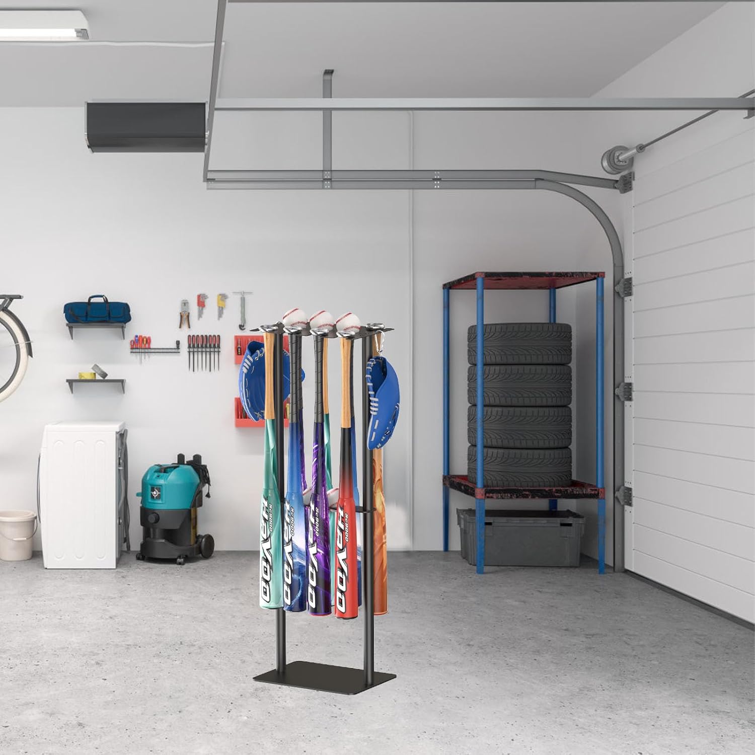 QBA Baseball Bat Holder Stand, Free Standing Bat Rack Holds Up to 8 Bats, 5 Balls, 4pcs Gloves, Bat Organizer for Home Garage Dugout, Black