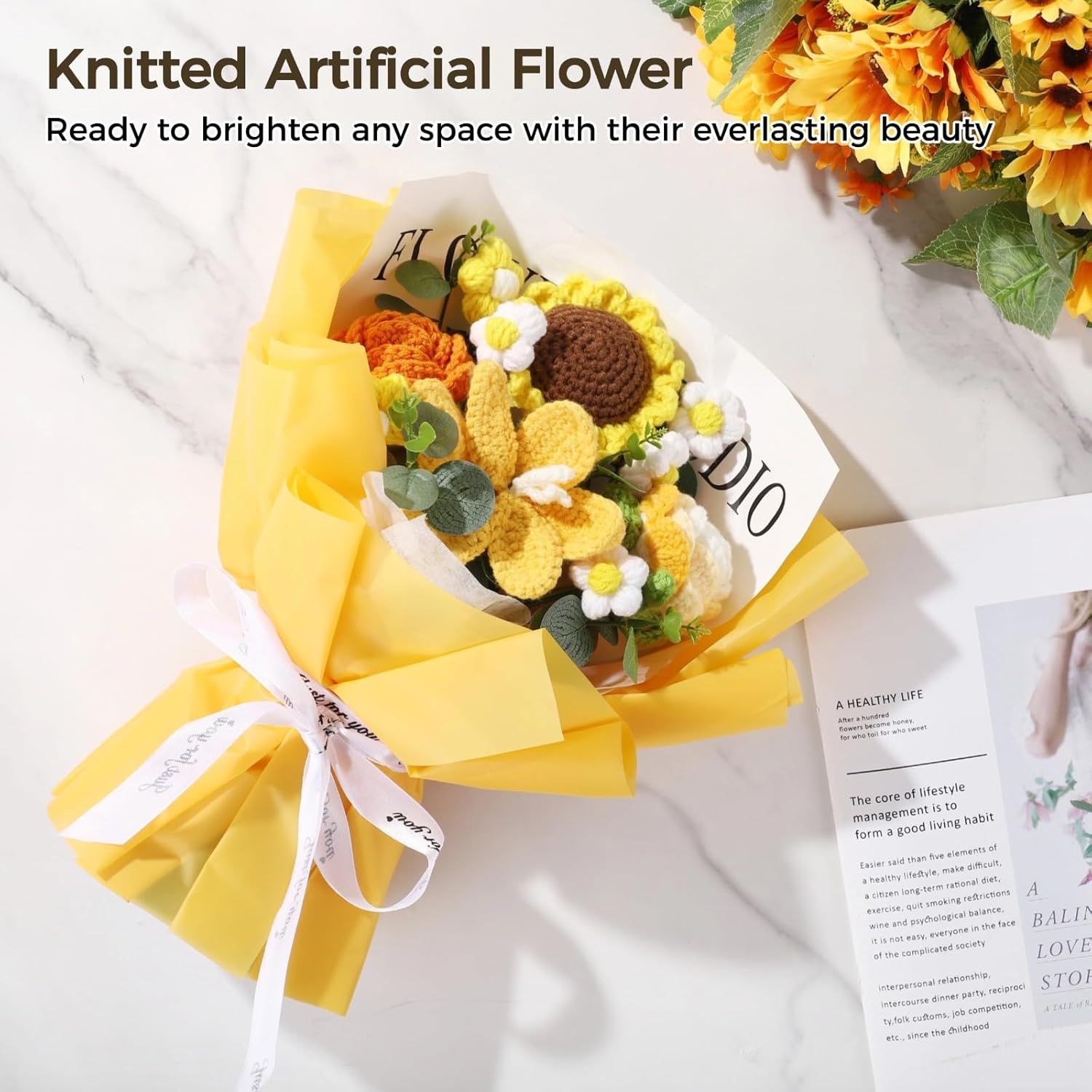 Crochet Flower Bouquet, Handmade Yellow Lily Sunflower Rose, Faux Yarn Floral Arrangement, Soft Cotton Artificial Flowers Home Decor, Present for Birthday, Wedding, Mother's Day