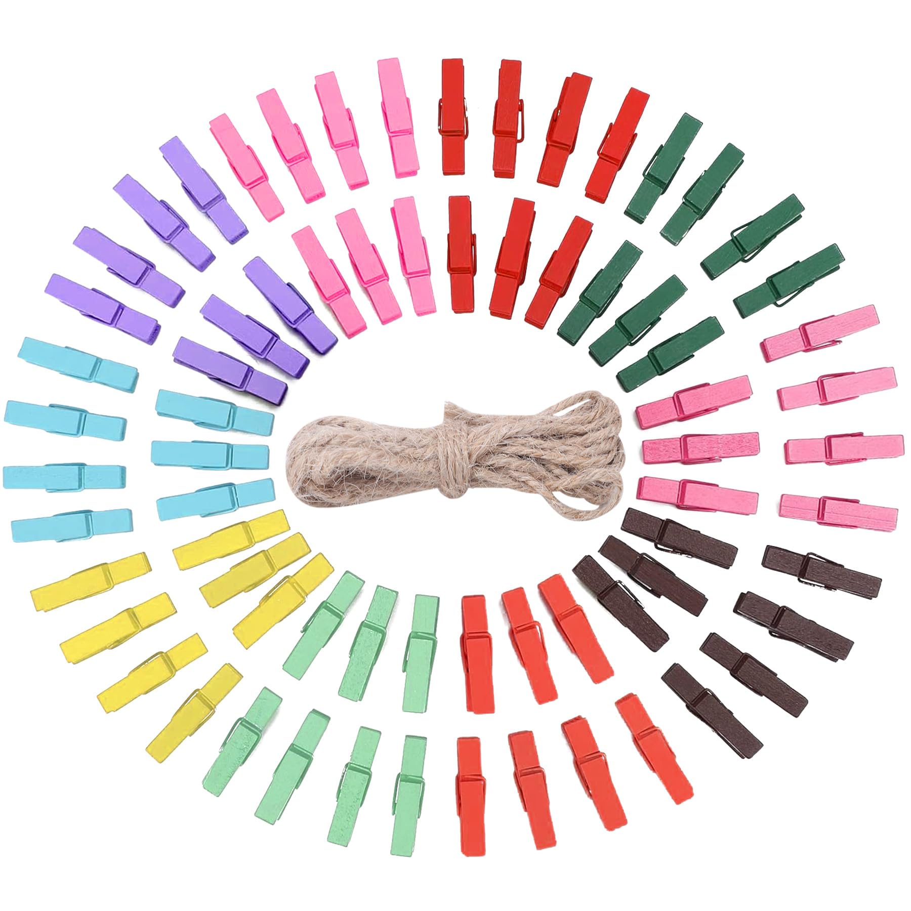 Mini Mollette In Legno Di Betulla: 100 Pezzi (50 Naturali + 50 Multicolor), Con Spilli E Cordino, Ideali Per Foto E Decorazioni - 2