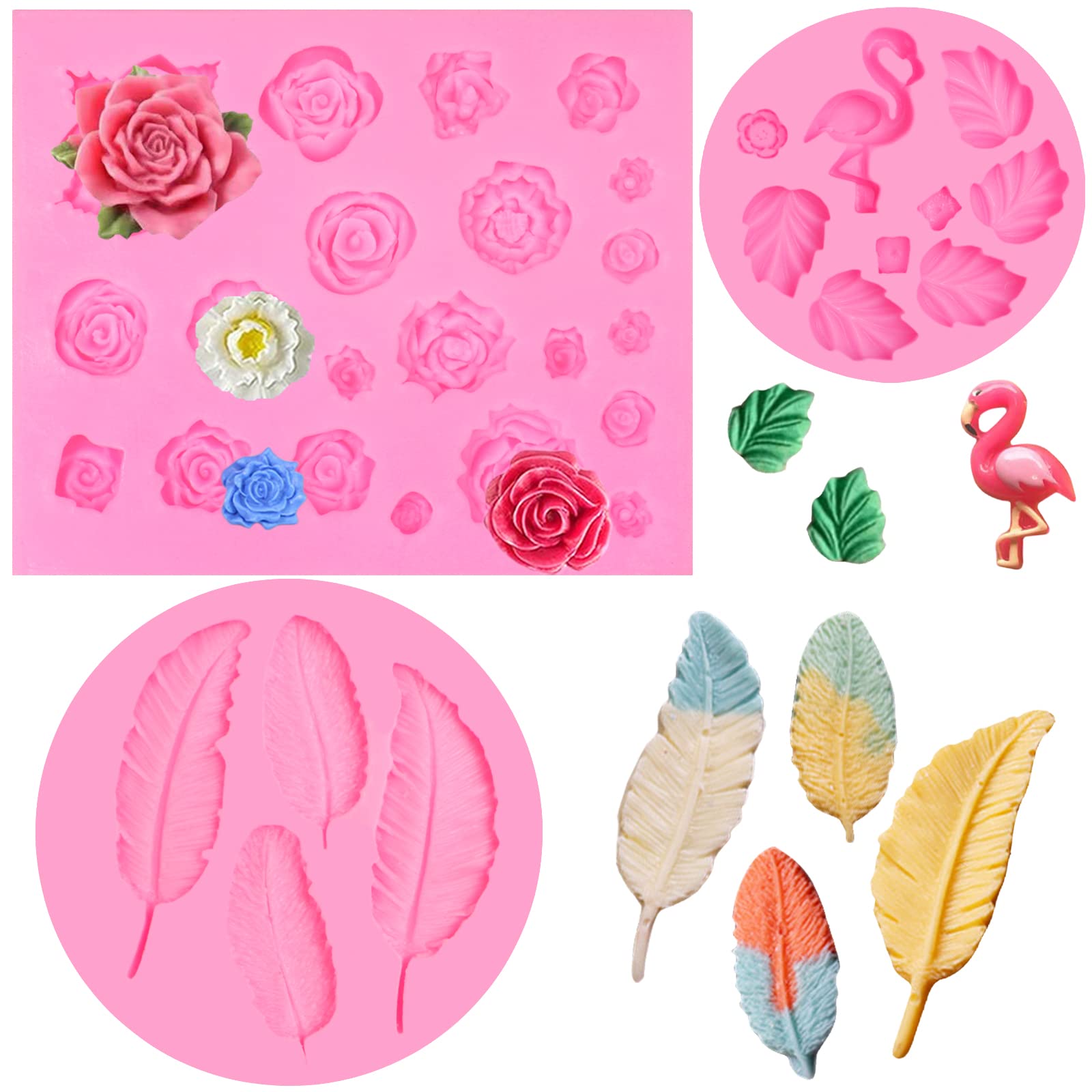 Rose Collection Silicone Fondant Mold 3 Pcs, Flower Leaf Fondant Mold, Flamingo Tropical Leaf Chocolate Mold for Cake Decoration Candy Cupcake Topper Popsicle Soap
