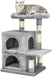 lionto Kratzbaum für Katzen mit 2 Höhlen & gemütlicher Liegefläche, Höhe 80 cm, Katzenbaum mit Plüschball inkl. Glöckchen, mit Sisalseil & Plüsch, für kleine & große Katzen geeignet, hellgrau product image