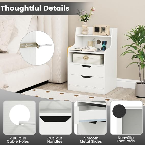 COSTWAY LED Bedside Table with Charging Station, Smart Nightstand End Sofa Side Table with RGB Light Color, 2 Drawers & Storage Shelves, Bedside Cabinet Chest for Living Room Bedroom (1, White)