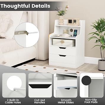 COSTWAY LED Bedside Table with Charging Station, Smart Nightstand End Sofa Side Table with RGB Light Color, 2 Drawers & Storage Shelves, Bedside Cabinet Chest for Living Room Bedroom (1, White)