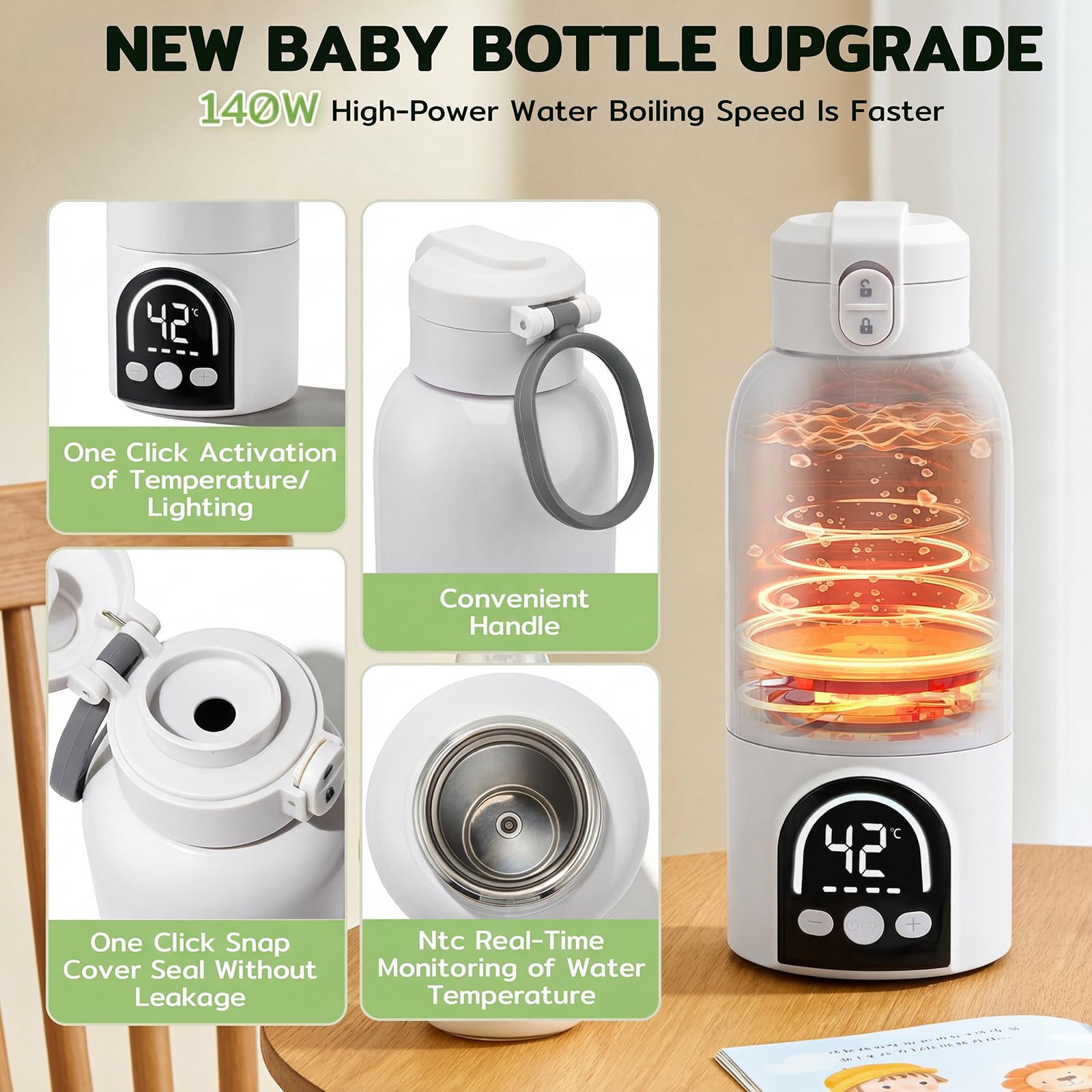 Calentador portátil inalámbrico para biberón portátil de 500 ml para leche materna y agua, 140 W y temperatura ajustable 35 ℃-70 ℃, carga USB calentador de agua para viajes (blanco) — view 7