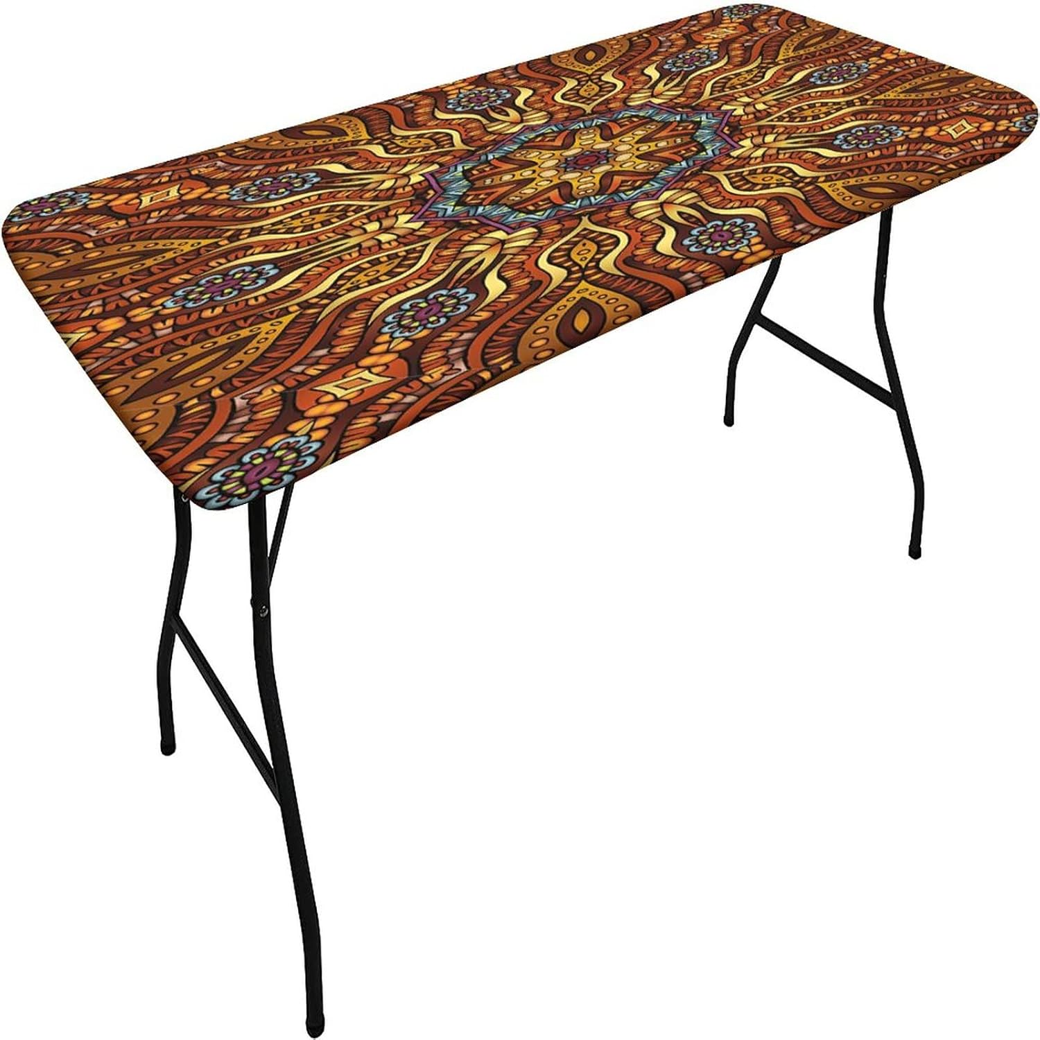 Mandala Elastic Fitted Tablecloth, 30"×60" Rectangle Table Cover for 5FT Folding Table,Mosaic Like Kaleidoscope Design Floral Swirls Print Polyester Table Cloth, for Outdoor Picnic Camping Parties