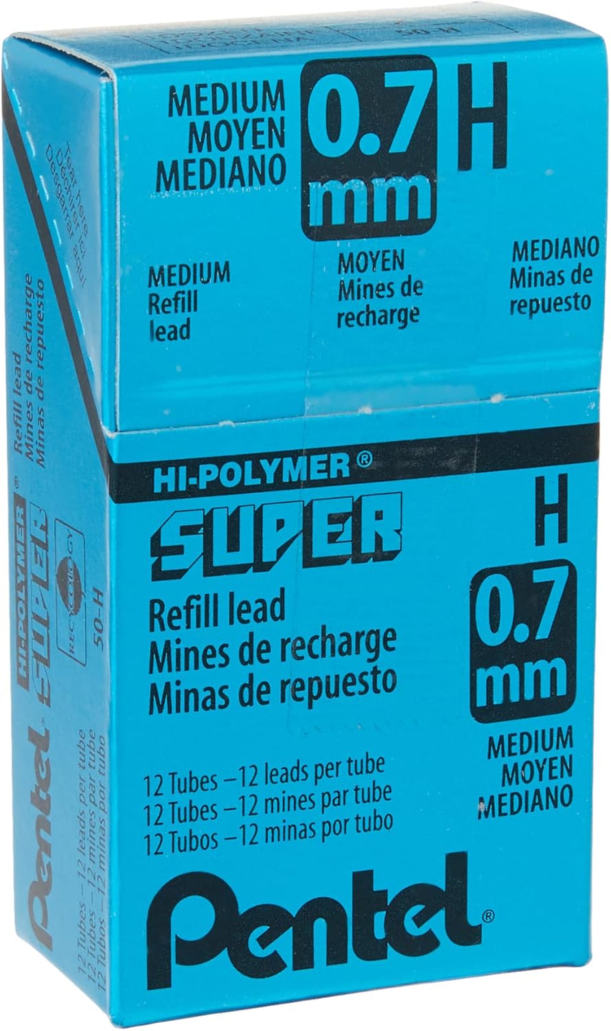 Pentel Super Hi-Polymer Lead Refill, 0.7mm Medium, H, 12 tubes of Lead (50-H) (Pack of 5)