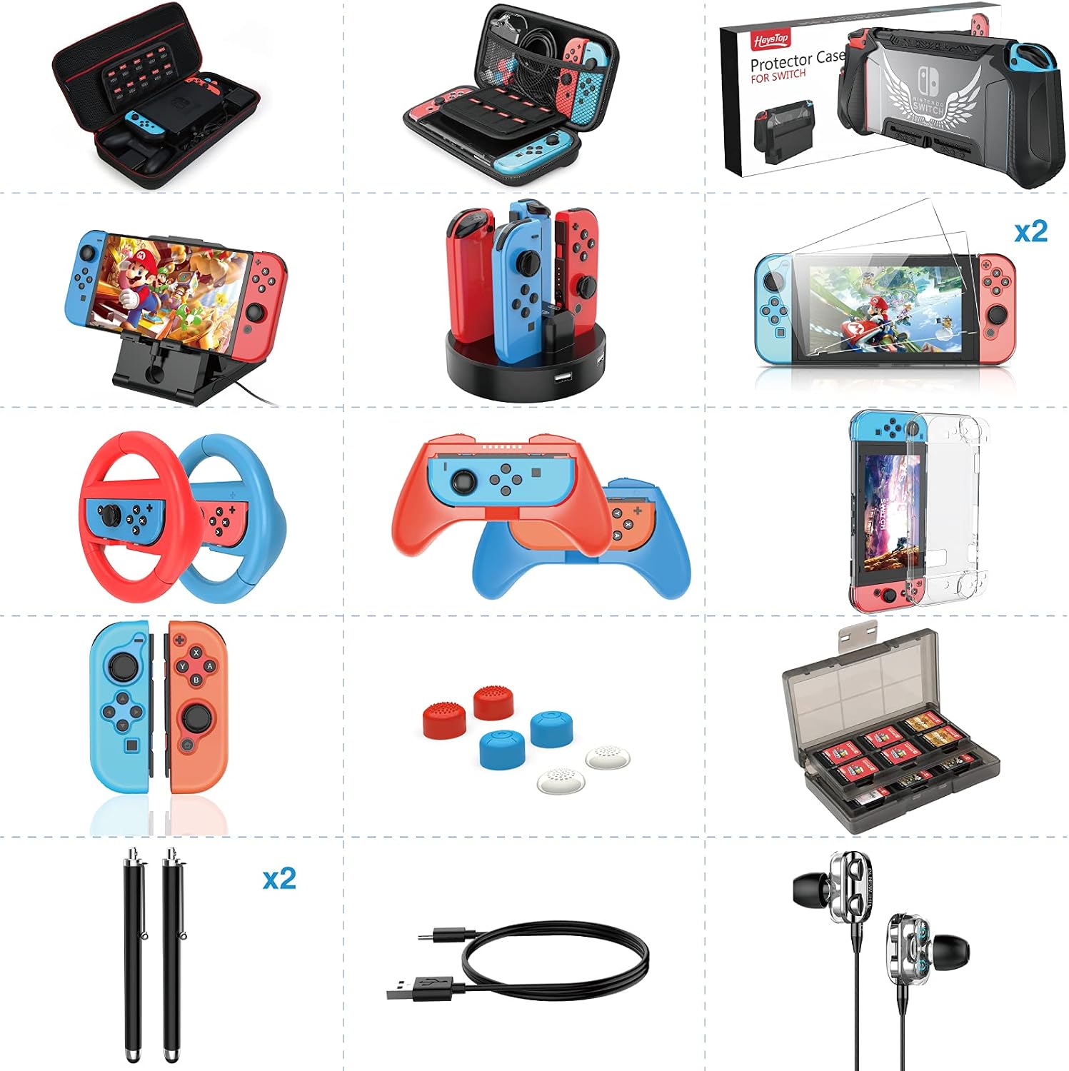 HEYSTOP Switch Accessories Bundle 25 in 1 Compatible with Nintendo Switch, Gift Kit for Switch Carrying Case, Dockable Protective Case, Screen Protector, Steering Wheel, PlayStand, Joycon Grip (Black)