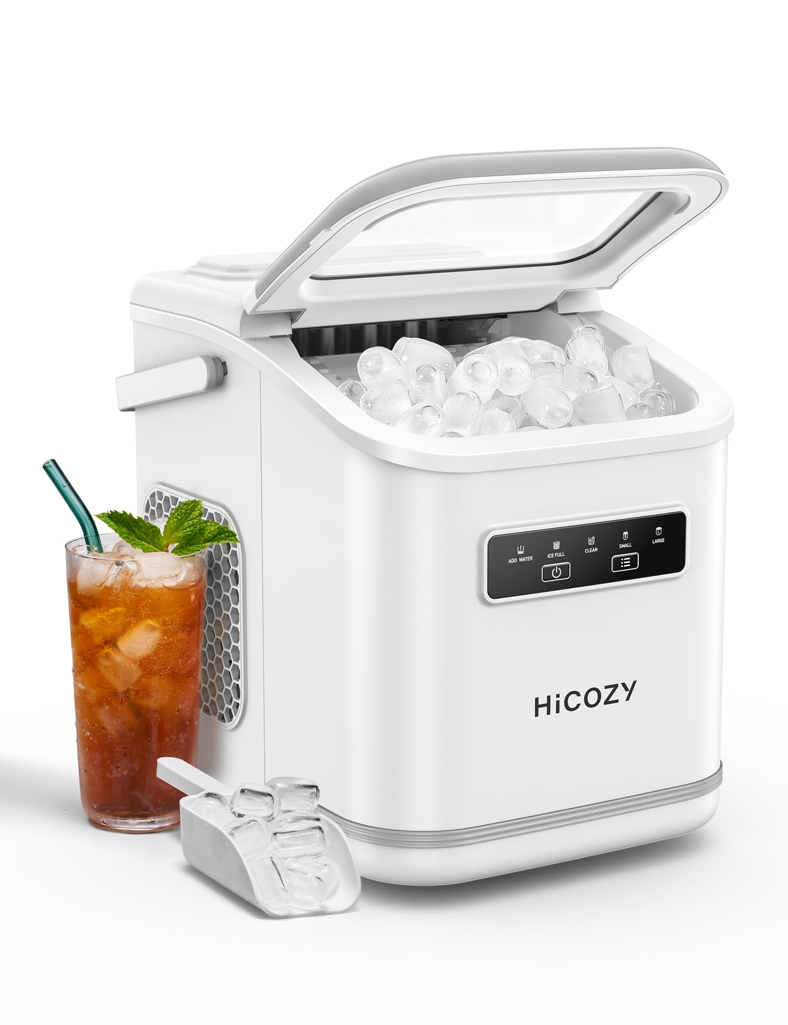 HiCOZY Countertop Ice Maker with Handle, Ice in 6Mins, 26 lbs/Day, Portable Ice Maker Machine with Self-Cleaning for Apartment/Under Cabinet/Kitchen/Office/Camping/RV/Home Bar?White?