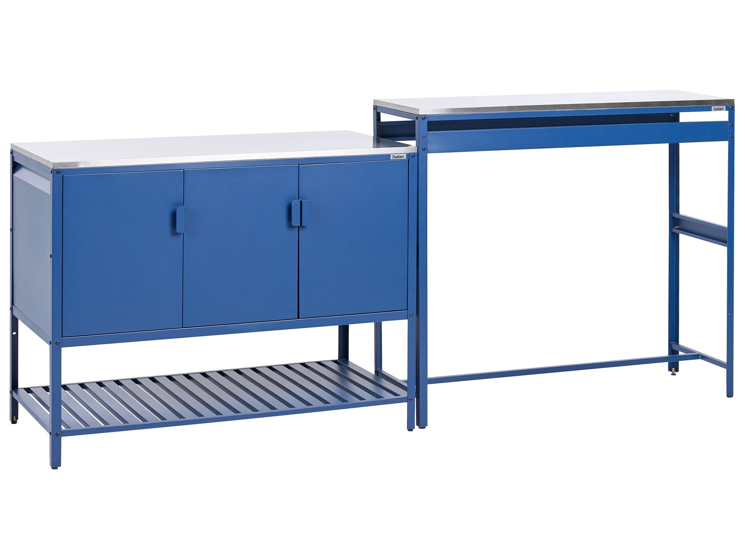 Beliani Conjunto de Armario de Cocina y Mesa de Bar para Exterior de Acero 3 Puertas encimera de Acero Inoxidable jardín Azul Maenza