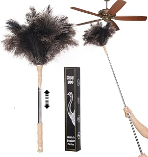 Extendable Ostrich Feather Duster, 47 inches Natural Fluffy Long Handle Feathers Dusters, Soft, Durable, Reusable for Home Office Cleaning High Ceilings, Wall, Fans, Furniture, Blinds,Roof Dusting
