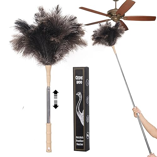 Extendable Ostrich Feather Duster, 50 inches Natural Fluffy Long Handle Feathers Dusters, Soft, Durable, Reusable for Home Office Cleaning High Ceilings, Wall, Fans, Furniture, Blinds,Roof Dusting